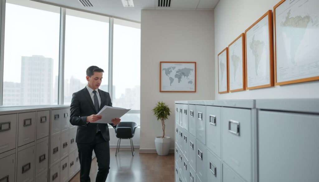 A serene office environment showcasing a Brazilian real estate registry, with a contemporary aesthetic. In the foreground, a professional individual in business attire is reviewing property documents, highlighting the meticulous nature of real estate registration. The middle layer features filing cabinets with neatly organized paperwork, symbolizing the organization of property records. In the background, a large window allows soft, natural light to fill the room, creating a calm and focused atmosphere. The walls are adorned with framed maps of property circumscription areas, illustrating the intricacies of the Brazilian real estate system. The overall mood conveys professionalism and clarity, emphasizing the importance of understanding property registration in Brazil. A serene office environment showcasing a Brazilian real estate registry, with a contemporary aesthetic. In the foreground, a professional individual in business attire is reviewing property documents, highlighting the meticulous nature of real estate registration. The middle layer features filing cabinets with neatly organized paperwork, symbolizing the organization of property records. In the background, a large window allows soft, natural light to fill the room, creating a calm and focused atmosphere. The walls are adorned with framed maps of property circumscription areas, illustrating the intricacies of the Brazilian real estate system. The overall mood conveys professionalism and clarity, emphasizing the importance of understanding property registration in Brazil.