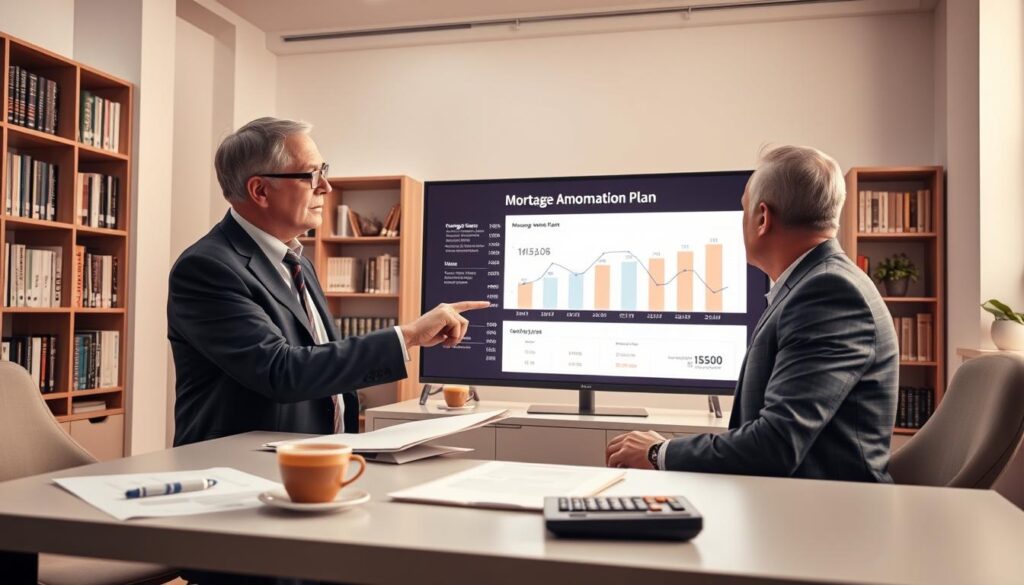 A serene office environment showcasing a financial advisor and a client, both dressed in professional business attire, discussing a mortgage amortization plan. The advisor, a middle-aged person with glasses, points to a large digital screen displaying charts and graphs illustrating mortgage payments over time. A modern desk is situated in the foreground with financial documents, a calculator, and a cup of coffee. In the middle ground, the screen shines brightly in soft, warm lighting, creating an inviting atmosphere. The background features a stylish office with shelves filled with books on finance and investment. The overall mood is balanced and focused, evoking a sense of strategic planning and financial literacy. Make sure the scene emphasizes clarity and professionalism without any distractions or text overlays. A serene office environment showcasing a financial advisor and a client, both dressed in professional business attire, discussing a mortgage amortization plan. The advisor, a middle-aged person with glasses, points to a large digital screen displaying charts and graphs illustrating mortgage payments over time. A modern desk is situated in the foreground with financial documents, a calculator, and a cup of coffee. In the middle ground, the screen shines brightly in soft, warm lighting, creating an inviting atmosphere. The background features a stylish office with shelves filled with books on finance and investment. The overall mood is balanced and focused, evoking a sense of strategic planning and financial literacy. Make sure the scene emphasizes clarity and professionalism without any distractions or text overlays.