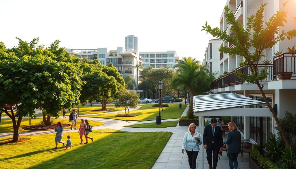 A serene residential area near the Clube Olímpico, showcasing lush green parks and well-maintained sidewalks. In the foreground, families are enjoying leisurely strolls, with children playing nearby. A couple of individuals in professional business attire are discussing in a small cafe, conveying a sense of community and engagement. The middle layer features elegant homes with balconies filled with plants, reflecting a harmonious lifestyle. In the background, the Clube Olímpico stands proud, its modern architecture harmonizing with nature. The scene is illuminated by soft, warm afternoon sunlight, casting gentle shadows. Captured from a slightly elevated angle to provide a comprehensive view, the image evokes a tranquil and inviting atmosphere, emphasizing the value of living in this peaceful setting that enhances daily routine and well-being. A serene residential area near the Clube Olímpico, showcasing lush green parks and well-maintained sidewalks. In the foreground, families are enjoying leisurely strolls, with children playing nearby. A couple of individuals in professional business attire are discussing in a small cafe, conveying a sense of community and engagement. The middle layer features elegant homes with balconies filled with plants, reflecting a harmonious lifestyle. In the background, the Clube Olímpico stands proud, its modern architecture harmonizing with nature. The scene is illuminated by soft, warm afternoon sunlight, casting gentle shadows. Captured from a slightly elevated angle to provide a comprehensive view, the image evokes a tranquil and inviting atmosphere, emphasizing the value of living in this peaceful setting that enhances daily routine and well-being.