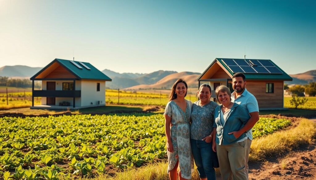 A serene rural landscape in Paraná, Brazil, showcasing a cluster of modern, eco-friendly homes under the Minha Casa Minha Vida Rural program. In the foreground, depict a smiling family of diverse individuals, dressed in modest casual clothing, standing in front of one of the houses, which features a green roof and solar panels. The middle ground should include vibrant agricultural fields with crops growing, symbolizing family farming. In the background, rolling hills under a clear blue sky with soft, warm sunlight casting gentle shadows, creating an inviting atmosphere. The scene reflects hope and progress, with a focus on sustainability and community. Use a wide-angle lens to capture the expansive rural setting, enhancing the feeling of space and connection to nature. A serene rural landscape in Paraná, Brazil, showcasing a cluster of modern, eco-friendly homes under the Minha Casa Minha Vida Rural program. In the foreground, depict a smiling family of diverse individuals, dressed in modest casual clothing, standing in front of one of the houses, which features a green roof and solar panels. The middle ground should include vibrant agricultural fields with crops growing, symbolizing family farming. In the background, rolling hills under a clear blue sky with soft, warm sunlight casting gentle shadows, creating an inviting atmosphere. The scene reflects hope and progress, with a focus on sustainability and community. Use a wide-angle lens to capture the expansive rural setting, enhancing the feeling of space and connection to nature.