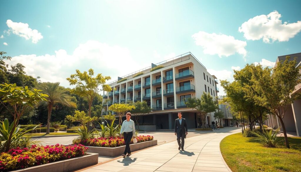 A serene street view of modern apartment buildings for rent in the Zona Sul of Maringá, Brazil. In the foreground, a well-maintained sidewalk with neatly arranged flower beds and a couple of people walking, dressed in professional business attire. The middle ground features contemporary, multi-story residential buildings with large windows, balconies adorned with plants, and inviting entrances. The background displays lush greenery and light, fluffy clouds in a bright blue sky, emphasizing a sunny, vibrant day. The scene is captured with a wide-angle lens, providing a warm and welcoming atmosphere, and soft lighting that showcases the beauty of urban living in a thriving neighborhood. A serene street view of modern apartment buildings for rent in the Zona Sul of Maringá, Brazil. In the foreground, a well-maintained sidewalk with neatly arranged flower beds and a couple of people walking, dressed in professional business attire. The middle ground features contemporary, multi-story residential buildings with large windows, balconies adorned with plants, and inviting entrances. The background displays lush greenery and light, fluffy clouds in a bright blue sky, emphasizing a sunny, vibrant day. The scene is captured with a wide-angle lens, providing a warm and welcoming atmosphere, and soft lighting that showcases the beauty of urban living in a thriving neighborhood.