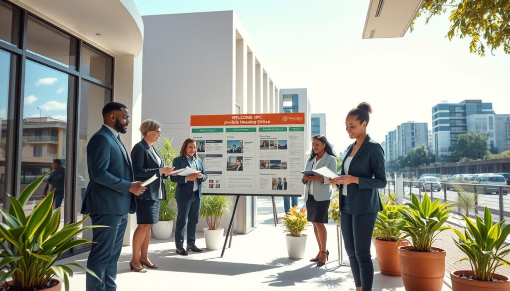 A serene urban scene featuring a modern public housing office in Maringá, Brasil. The foreground includes a friendly, professional female staff member assisting a diverse group of applicants—men and women in business attire, engaging with forms and documents. In the middle, there's an information board displaying housing options and application details, surrounded by potted plants for a welcoming atmosphere. The background shows a bright day with clear blue skies and sleek, contemporary buildings characteristic of Maringá's architecture. Soft natural lighting illuminates the scene, creating an inviting mood. Capture this moment from a slightly elevated angle to showcase the interaction and environment, emphasizing community support and hope in housing accessibility. A serene urban scene featuring a modern public housing office in Maringá, Brasil. The foreground includes a friendly, professional female staff member assisting a diverse group of applicants—men and women in business attire, engaging with forms and documents. In the middle, there's an information board displaying housing options and application details, surrounded by potted plants for a welcoming atmosphere. The background shows a bright day with clear blue skies and sleek, contemporary buildings characteristic of Maringá's architecture. Soft natural lighting illuminates the scene, creating an inviting mood. Capture this moment from a slightly elevated angle to showcase the interaction and environment, emphasizing community support and hope in housing accessibility.