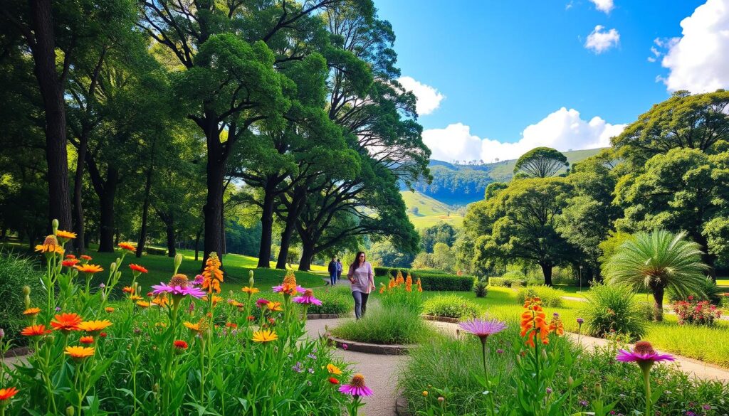A serene view of “Parque Florestal dos Pioneiros” showcasing lush greenery and diverse vegetation. In the foreground, vibrant wildflowers bloom amidst a well-maintained walking path. The middle ground features tall trees with dense canopies that filter soft, dappled sunlight, creating a peaceful atmosphere. A few visitors dressed in modest casual clothing stroll along the pathway, enjoying the natural beauty. In the background, gentle rolling hills enhance the tranquility of the park, with a clear blue sky overhead and fluffy white clouds adding depth to the scene. Soft, warm lighting conveys a sense of calm, inviting viewers to appreciate this green haven as an alternative to urban parks. A serene view of “Parque Florestal dos Pioneiros” showcasing lush greenery and diverse vegetation. In the foreground, vibrant wildflowers bloom amidst a well-maintained walking path. The middle ground features tall trees with dense canopies that filter soft, dappled sunlight, creating a peaceful atmosphere. A few visitors dressed in modest casual clothing stroll along the pathway, enjoying the natural beauty. In the background, gentle rolling hills enhance the tranquility of the park, with a clear blue sky overhead and fluffy white clouds adding depth to the scene. Soft, warm lighting conveys a sense of calm, inviting viewers to appreciate this green haven as an alternative to urban parks.