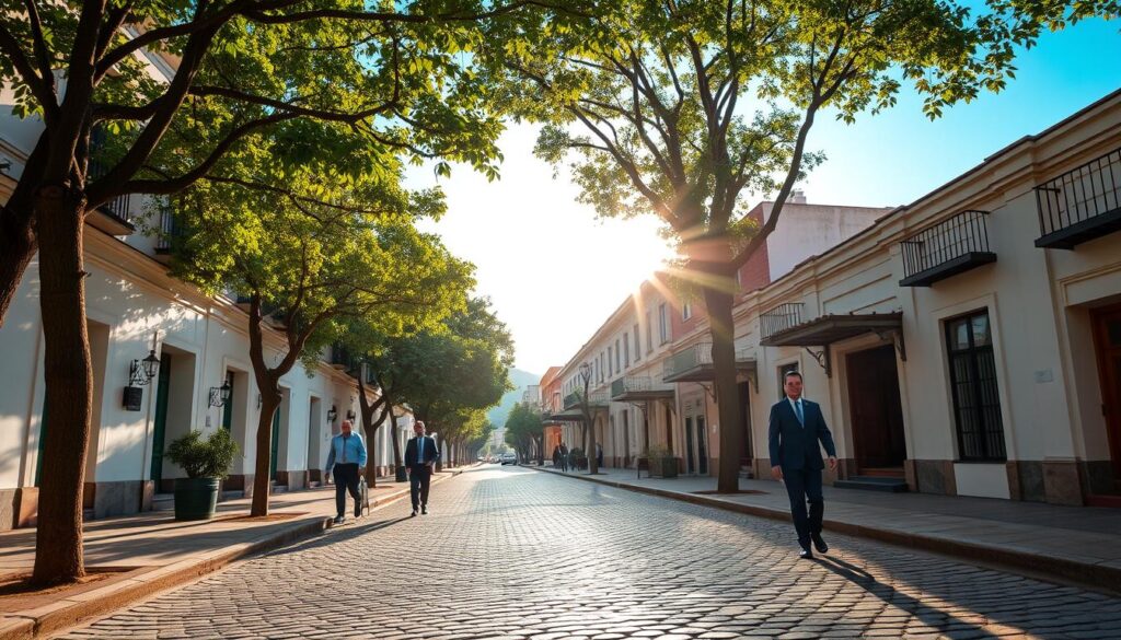 A serene view of Rua Piratininga in Maringá, showcasing its tranquil atmosphere in the heart of the city. In the foreground, a narrow, tree-lined street with cobblestone paving, surrounded by charming low-rise buildings featuring lush green balconies. The middle-ground reveals pedestrians in professional business attire strolling leisurely, enjoying the peaceful environment. The background captures a clear blue sky with soft, golden sunlight casting gentle shadows on the ground, emphasizing a relaxed vibe. The perspective is slightly elevated, creating a sense of depth, while the scene conveys a calm and inviting atmosphere, epitomizing an oasis of tranquility amid urban life. A serene view of Rua Piratininga in Maringá, showcasing its tranquil atmosphere in the heart of the city. In the foreground, a narrow, tree-lined street with cobblestone paving, surrounded by charming low-rise buildings featuring lush green balconies. The middle-ground reveals pedestrians in professional business attire strolling leisurely, enjoying the peaceful environment. The background captures a clear blue sky with soft, golden sunlight casting gentle shadows on the ground, emphasizing a relaxed vibe. The perspective is slightly elevated, creating a sense of depth, while the scene conveys a calm and inviting atmosphere, epitomizing an oasis of tranquility amid urban life.