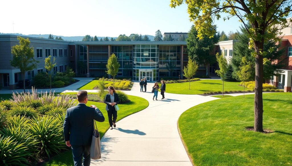 A serene view of a Marist school campus, showcasing a modern educational building surrounded by lush, green landscaping. In the foreground, well-maintained pathways lead to welcoming entrances, with students dressed in professional business attire and modest casual clothing engaging in conversations. The middle ground features bright, cheerful classrooms with large windows allowing soft, natural light to flood in, symbolizing a vibrant learning environment. In the background, a clear blue sky and distant trees create a peaceful atmosphere, evoking a sense of community and academic success. The composition is captured with a slight angle that emphasizes the school's architecture and landscaping, enhancing the feeling of warmth and accessibility in the education landscape. A serene view of a Marist school campus, showcasing a modern educational building surrounded by lush, green landscaping. In the foreground, well-maintained pathways lead to welcoming entrances, with students dressed in professional business attire and modest casual clothing engaging in conversations. The middle ground features bright, cheerful classrooms with large windows allowing soft, natural light to flood in, symbolizing a vibrant learning environment. In the background, a clear blue sky and distant trees create a peaceful atmosphere, evoking a sense of community and academic success. The composition is captured with a slight angle that emphasizes the school's architecture and landscaping, enhancing the feeling of warmth and accessibility in the education landscape.