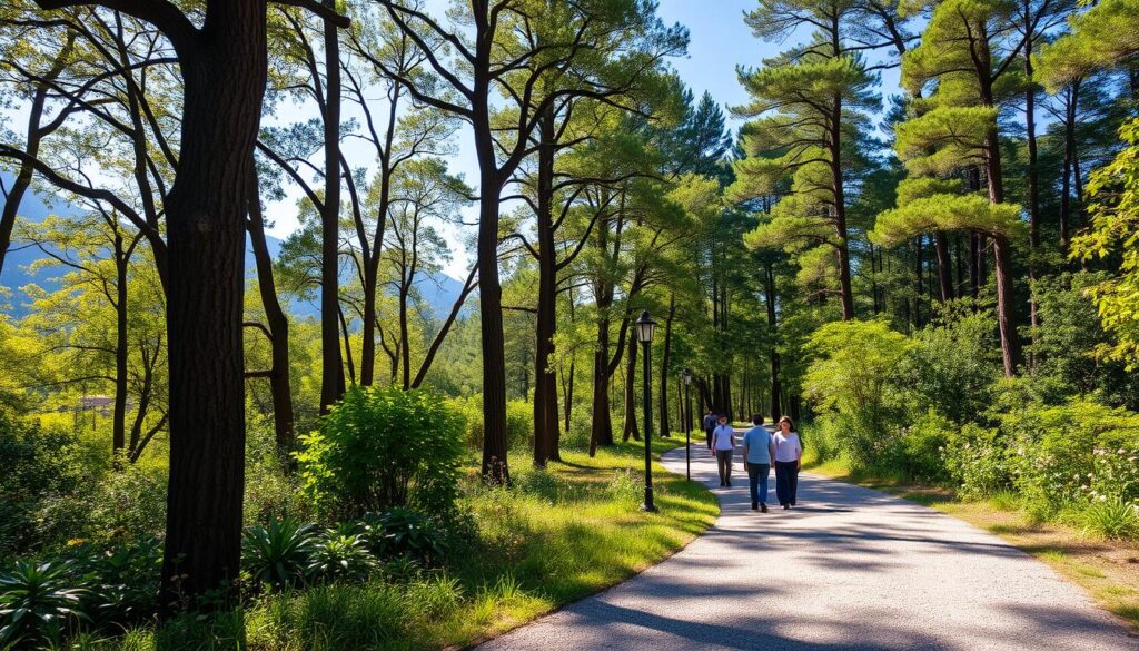 A serene walking path ("pista de caminhada") meandering through a lush green forest, surrounded by tall, vibrant trees and scattered wildflowers. In the foreground, a well-maintained gravel path invites visitors, while groups of people in modest casual clothing stroll alongside, enjoying the natural beauty. The midground features diverse flora, with sunlight filtering through the leaves, casting dappled shadows on the pathway. In the background, subtle hints of the surrounding landscape can be seen, including soft hills and a bright blue sky. The scene is bathed in warm afternoon light, creating a peaceful and inviting atmosphere, perfect for leisurely walks and nature appreciation. The angle captures a balanced view of the path leading deeper into the woods, emphasizing tranquility and connection with nature. A serene walking path ("pista de caminhada") meandering through a lush green forest, surrounded by tall, vibrant trees and scattered wildflowers. In the foreground, a well-maintained gravel path invites visitors, while groups of people in modest casual clothing stroll alongside, enjoying the natural beauty. The midground features diverse flora, with sunlight filtering through the leaves, casting dappled shadows on the pathway. In the background, subtle hints of the surrounding landscape can be seen, including soft hills and a bright blue sky. The scene is bathed in warm afternoon light, creating a peaceful and inviting atmosphere, perfect for leisurely walks and nature appreciation. The angle captures a balanced view of the path leading deeper into the woods, emphasizing tranquility and connection with nature.