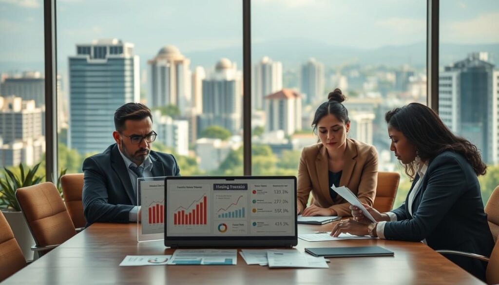 A serious and contemplative scene illustrating the concept of "reprovação" in the context of housing credit in Maringá. In the foreground, a diverse group of professionals, including a financial advisor and a couple, are seated around a conference table, expressing concern and discussing documents related to housing financing. The middle ground features an open laptop displaying charts and graphs illustrating rejection rates and financial statistics. In the background, large windows reveal a modern cityscape of Maringá with iconic architecture and greenery, illuminated by soft, natural daylight. The atmosphere is tense yet professional, reflecting the weight of the topic they are addressing. Use a slight depth of field to emphasize the group while softly blurring the city outside. A serious and contemplative scene illustrating the concept of "reprovação" in the context of housing credit in Maringá. In the foreground, a diverse group of professionals, including a financial advisor and a couple, are seated around a conference table, expressing concern and discussing documents related to housing financing. The middle ground features an open laptop displaying charts and graphs illustrating rejection rates and financial statistics. In the background, large windows reveal a modern cityscape of Maringá with iconic architecture and greenery, illuminated by soft, natural daylight. The atmosphere is tense yet professional, reflecting the weight of the topic they are addressing. Use a slight depth of field to emphasize the group while softly blurring the city outside.