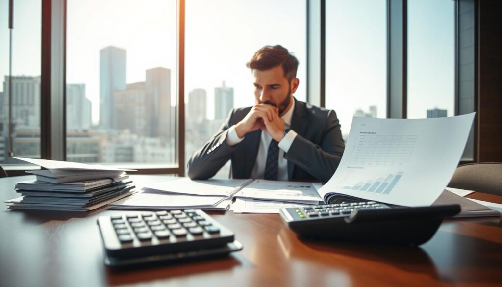 A sophisticated financial environment showcasing the concept of "extraordinary amortization." In the foreground, a professional-looking calculator sits on a sleek wooden desk, surrounded by neatly organized papers and financial charts. The middle ground features a thoughtful businessperson in professional attire, intently analyzing the documents, with a slight furrow of concentration on their brow. In the background, a large window reveals a city skyline bathed in soft natural light, creating an atmosphere of calm focus. The overall mood is serious yet optimistic, reflecting the importance of financial planning. The lighting is warm and inviting, enhancing the thoughtful ambiance while the perspective is slightly angled to provide depth. A sophisticated financial environment showcasing the concept of "extraordinary amortization." In the foreground, a professional-looking calculator sits on a sleek wooden desk, surrounded by neatly organized papers and financial charts. The middle ground features a thoughtful businessperson in professional attire, intently analyzing the documents, with a slight furrow of concentration on their brow. In the background, a large window reveals a city skyline bathed in soft natural light, creating an atmosphere of calm focus. The overall mood is serious yet optimistic, reflecting the importance of financial planning. The lighting is warm and inviting, enhancing the thoughtful ambiance while the perspective is slightly angled to provide depth.