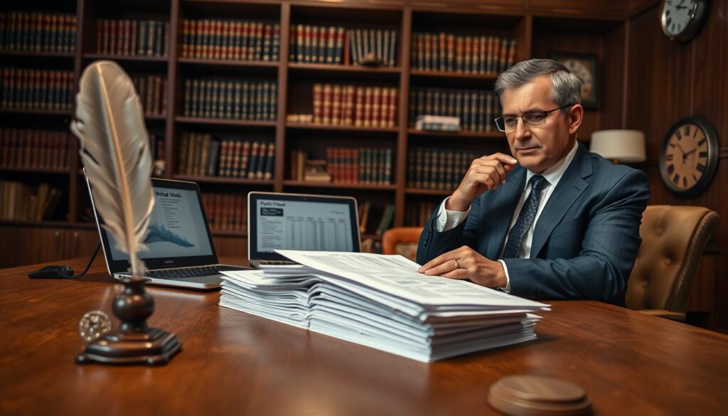 A sophisticated office setting features a wooden desk with a neatly arranged stack of legal documents, including public deed contracts. In the foreground, a professional individual in business attire, a middle-aged man, is thoughtfully reviewing the documents with a focused expression. The middle section showcases a decorative feather quill and an ink pot, symbolizing traditional writing, alongside a laptop displaying cost tables related to public deeds. The background reveals a softly lit shelves packed with legal books and a stylish wall clock, creating a scholarly atmosphere. The lighting is warm and inviting, casting gentle shadows that enhance the seriousness of the task at hand, while the angle captures a dynamic view of the workspace. A sophisticated office setting features a wooden desk with a neatly arranged stack of legal documents, including public deed contracts. In the foreground, a professional individual in business attire, a middle-aged man, is thoughtfully reviewing the documents with a focused expression. The middle section showcases a decorative feather quill and an ink pot, symbolizing traditional writing, alongside a laptop displaying cost tables related to public deeds. The background reveals a softly lit shelves packed with legal books and a stylish wall clock, creating a scholarly atmosphere. The lighting is warm and inviting, casting gentle shadows that enhance the seriousness of the task at hand, while the angle captures a dynamic view of the workspace.