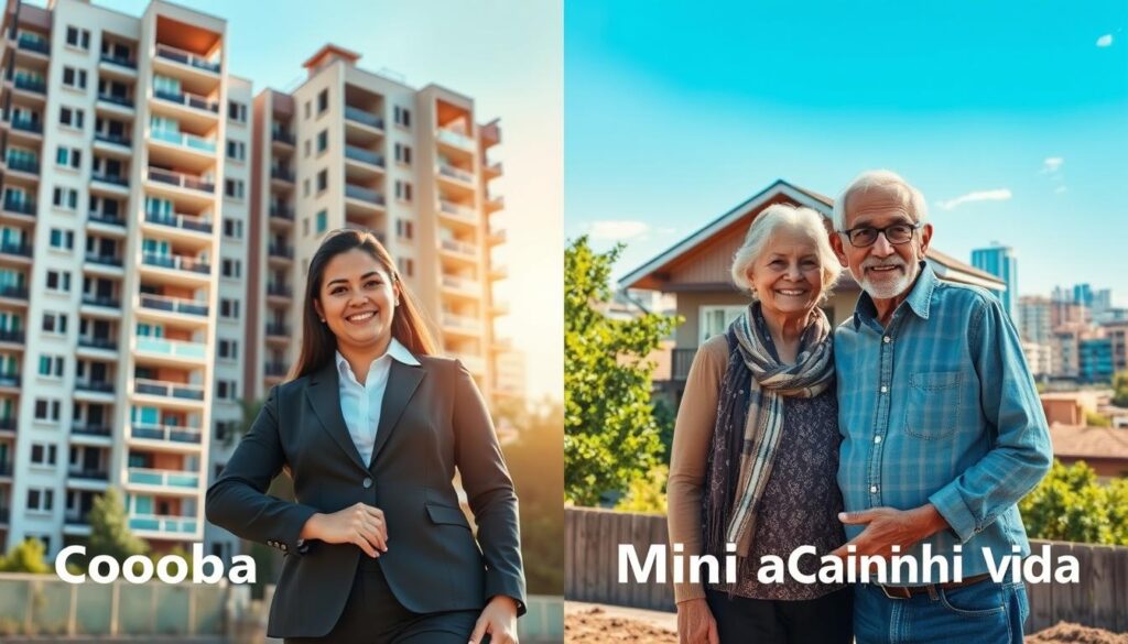 A split image illustrating the differences between the "Cohapar" and "Minha Casa Minha Vida" housing programs in Paraná. On the left, a young couple in professional business attire stands happily outside a newly built, modern apartment complex, sunlight casting a warm glow on their faces, symbolizing the Cohapar program. On the right, an elderly couple with modest casual clothing smiles in front of a traditional home, surrounded by green trees, representing the Minha Casa Minha Vida initiative. The background should reflect a vibrant urban cityscape, with contrasting architectural styles, under a clear blue sky. The scene should evoke a sense of community and opportunity, highlighting the diversity of housing solutions in Paraná. A split image illustrating the differences between the "Cohapar" and "Minha Casa Minha Vida" housing programs in Paraná. On the left, a young couple in professional business attire stands happily outside a newly built, modern apartment complex, sunlight casting a warm glow on their faces, symbolizing the Cohapar program. On the right, an elderly couple with modest casual clothing smiles in front of a traditional home, surrounded by green trees, representing the Minha Casa Minha Vida initiative. The background should reflect a vibrant urban cityscape, with contrasting architectural styles, under a clear blue sky. The scene should evoke a sense of community and opportunity, highlighting the diversity of housing solutions in Paraná.