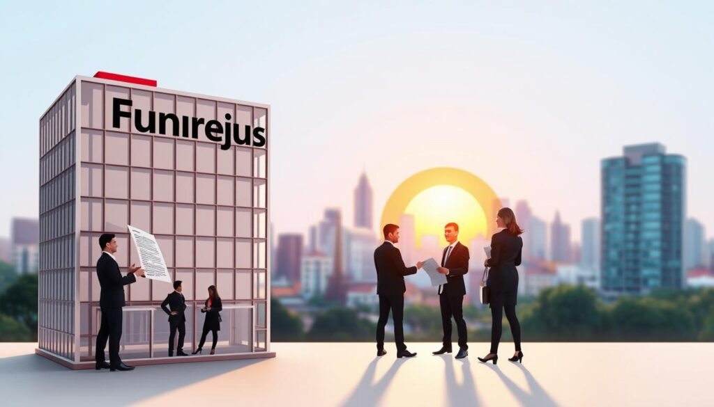 A stylized, informative illustration representing "Funrejus Paraná," showcasing its essence and purpose in the context of property financing. In the foreground, a detailed rendering of a modern office building symbolizing real estate transactions, with figures of professional individuals in business attire discussing documents. In the middle, a vibrant cityscape of Paraná, featuring iconic architectural elements reflecting local culture and real estate development. The background should depict a clear blue sky transitioning to a warm sunset, creating an inviting atmosphere. Use soft lighting to highlight the subjects and urban environment, with a focal lens effect to draw attention to the professionals, capturing a mood of optimism and growth in the property market. A stylized, informative illustration representing "Funrejus Paraná," showcasing its essence and purpose in the context of property financing. In the foreground, a detailed rendering of a modern office building symbolizing real estate transactions, with figures of professional individuals in business attire discussing documents. In the middle, a vibrant cityscape of Paraná, featuring iconic architectural elements reflecting local culture and real estate development. The background should depict a clear blue sky transitioning to a warm sunset, creating an inviting atmosphere. Use soft lighting to highlight the subjects and urban environment, with a focal lens effect to draw attention to the professionals, capturing a mood of optimism and growth in the property market.