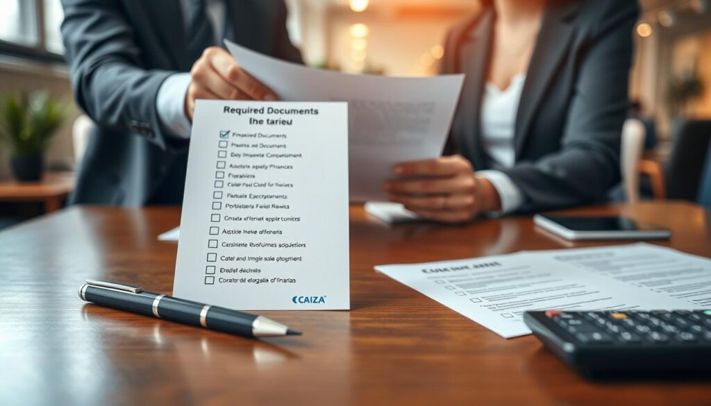 A tabletop scene featuring a detailed checklist of required documents for financing with Caixa, prominently displayed in the foreground. The checklist is neatly arranged on a polished wooden desk, alongside a sleek pen and a calculator. In the middle ground, a pair of hands, dressed in professional business attire, is actively reviewing the documents, symbolizing both the buyer and seller engaged in the financing process. The background showcases a softly blurred office environment with warm, inviting lighting, emphasizing a sense of professionalism and trust. The image captures a moment of focused collaboration, with an overall mood of diligence and preparedness, without any text or watermarks. A tabletop scene featuring a detailed checklist of required documents for financing with Caixa, prominently displayed in the foreground. The checklist is neatly arranged on a polished wooden desk, alongside a sleek pen and a calculator. In the middle ground, a pair of hands, dressed in professional business attire, is actively reviewing the documents, symbolizing both the buyer and seller engaged in the financing process. The background showcases a softly blurred office environment with warm, inviting lighting, emphasizing a sense of professionalism and trust. The image captures a moment of focused collaboration, with an overall mood of diligence and preparedness, without any text or watermarks.