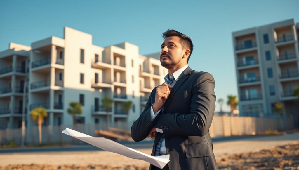 A thoughtful buyer stands in the foreground, dressed in professional business attire, examining plans for a residential development project. The middle ground features a partially constructed modern apartment building, showcasing clean lines and contemporary design elements typical of MCMV housing. In the background, a clear blue sky enhances the scene, symbolizing optimism and future possibilities. The lighting is warm and natural, suggesting a late afternoon sun, casting soft shadows to create an inviting atmosphere. The angle is slightly elevated, offering a comprehensive view of the site and highlighting the buyer's focused expression. The overall mood of the image conveys diligence and consideration, perfect for prospective buyers contemplating their choices in Maringá's housing market. A thoughtful buyer stands in the foreground, dressed in professional business attire, examining plans for a residential development project. The middle ground features a partially constructed modern apartment building, showcasing clean lines and contemporary design elements typical of MCMV housing. In the background, a clear blue sky enhances the scene, symbolizing optimism and future possibilities. The lighting is warm and natural, suggesting a late afternoon sun, casting soft shadows to create an inviting atmosphere. The angle is slightly elevated, offering a comprehensive view of the site and highlighting the buyer's focused expression. The overall mood of the image conveys diligence and consideration, perfect for prospective buyers contemplating their choices in Maringá's housing market.