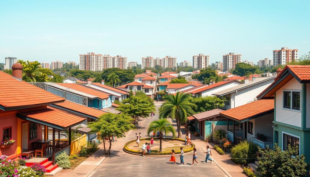 A traditional conjunto habitacional in Maringá, featuring a blend of cozy houses and multi-story apartments. In the foreground, showcase a picturesque street lined with colorful, well-maintained homes with flower-filled gardens, and a couple of modest apartment buildings. The middle ground should include children playing in a small park with green trees and walking paths, while residents engage in community activities. In the background, illustrate a skyline of higher-rise apartments interspersed with lush greenery, under a clear blue sky. Use warm, natural lighting to evoke a welcoming atmosphere, captured from a slightly elevated angle for a comprehensive view. The scene is busy yet harmonious, reflecting the balance between community life and urban development. A traditional conjunto habitacional in Maringá, featuring a blend of cozy houses and multi-story apartments. In the foreground, showcase a picturesque street lined with colorful, well-maintained homes with flower-filled gardens, and a couple of modest apartment buildings. The middle ground should include children playing in a small park with green trees and walking paths, while residents engage in community activities. In the background, illustrate a skyline of higher-rise apartments interspersed with lush greenery, under a clear blue sky. Use warm, natural lighting to evoke a welcoming atmosphere, captured from a slightly elevated angle for a comprehensive view. The scene is busy yet harmonious, reflecting the balance between community life and urban development.