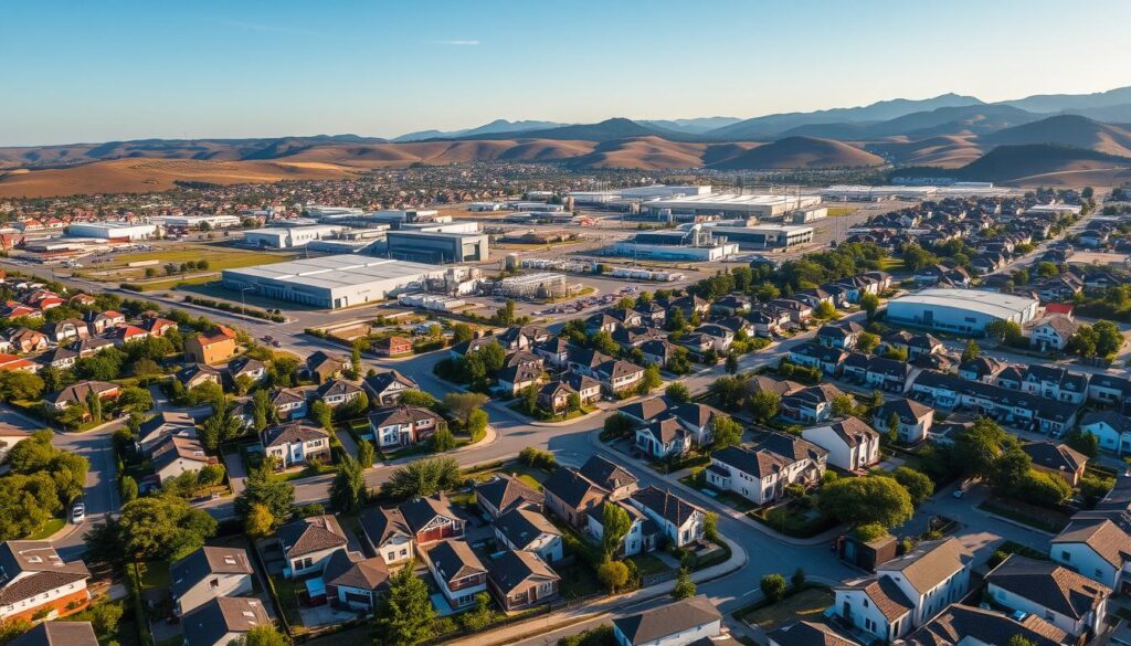 A vibrant aerial view of Campo Mourão, showcasing a harmonious blend of residential neighborhoods and proximity to industrial areas. In the foreground, well-planned homes with modern architecture, neatly landscaped gardens, and tree-lined streets. The middle ground features industrial complexes, with factories and warehouses subtly integrated into the layout. The background reveals rolling hills and clear blue skies, creating an inviting atmosphere. The lighting is warm, indicating late afternoon, with sunlight casting soft shadows. The scene embodies a balance of urban living and industrial activity, reflecting a thriving community. The image should capture the essence of safety, comfort, and accessibility, with no human figures present. A vibrant aerial view of Campo Mourão, showcasing a harmonious blend of residential neighborhoods and proximity to industrial areas. In the foreground, well-planned homes with modern architecture, neatly landscaped gardens, and tree-lined streets. The middle ground features industrial complexes, with factories and warehouses subtly integrated into the layout. The background reveals rolling hills and clear blue skies, creating an inviting atmosphere. The lighting is warm, indicating late afternoon, with sunlight casting soft shadows. The scene embodies a balance of urban living and industrial activity, reflecting a thriving community. The image should capture the essence of safety, comfort, and accessibility, with no human figures present.