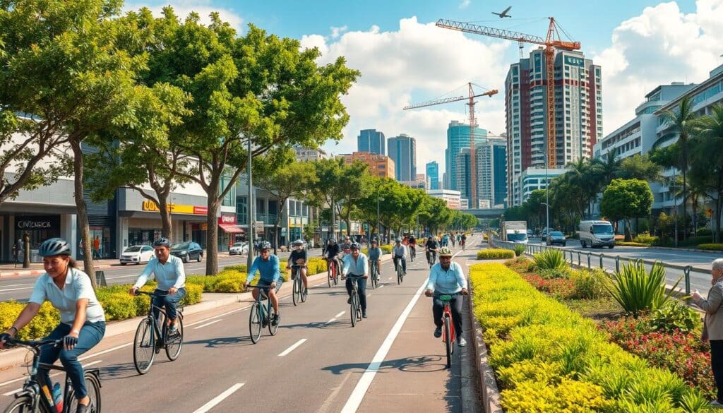 A vibrant and bustling scene of the ciclovia along Avenida Tuiuti, showcasing a wide, dedicated bike lane lined with lush green trees and colorful landscaping. In the foreground, cyclists of varying ages in professional business attire or modest casual clothing are enjoying the ride, some with helmets and safety gear, promoting a sense of community and active living. The middle ground features modern urban architecture, including shopping centers and residential buildings, reflecting the neighborhood's development. In the background, a clear blue sky with soft clouds bathes the scene in warm, natural light, enhancing the lively atmosphere. The angle captures the depth of the ciclovia extending into the distance, highlighting its length and ongoing construction with machinery and workers visible, symbolizing progress and urban transformation. A vibrant and bustling scene of the ciclovia along Avenida Tuiuti, showcasing a wide, dedicated bike lane lined with lush green trees and colorful landscaping. In the foreground, cyclists of varying ages in professional business attire or modest casual clothing are enjoying the ride, some with helmets and safety gear, promoting a sense of community and active living. The middle ground features modern urban architecture, including shopping centers and residential buildings, reflecting the neighborhood's development. In the background, a clear blue sky with soft clouds bathes the scene in warm, natural light, enhancing the lively atmosphere. The angle captures the depth of the ciclovia extending into the distance, highlighting its length and ongoing construction with machinery and workers visible, symbolizing progress and urban transformation.