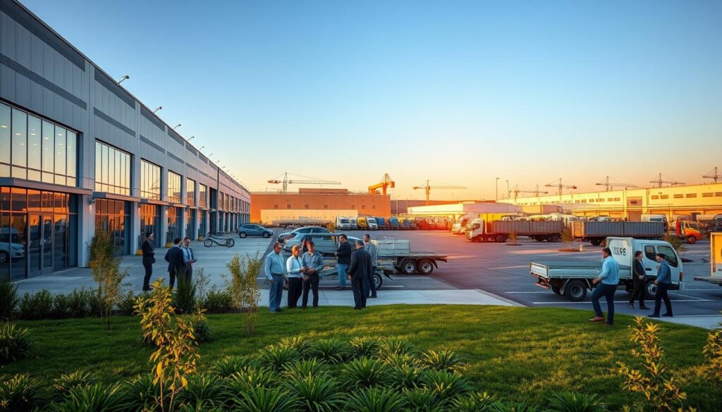 A vibrant and dynamic industrial park setting during the golden hour, showcasing modern warehouse buildings with large glass windows reflecting the warm sunlight. In the foreground, a well-maintained green area with native plants and small trees, inviting workers on their break. The middle ground features busy workspaces with professional individuals in business attire collaborating, discussing plans, and inspecting products, embodying a productive atmosphere. In the background, a series of well-lit industrial buildings stretch out, with cranes and delivery trucks moving efficiently. The scene is framed by a clear blue sky, suggesting a sense of growth and opportunity. The overall mood is optimistic and industrious, highlighting the impact of micro-location on business and property value. A vibrant and dynamic industrial park setting during the golden hour, showcasing modern warehouse buildings with large glass windows reflecting the warm sunlight. In the foreground, a well-maintained green area with native plants and small trees, inviting workers on their break. The middle ground features busy workspaces with professional individuals in business attire collaborating, discussing plans, and inspecting products, embodying a productive atmosphere. In the background, a series of well-lit industrial buildings stretch out, with cranes and delivery trucks moving efficiently. The scene is framed by a clear blue sky, suggesting a sense of growth and opportunity. The overall mood is optimistic and industrious, highlighting the impact of micro-location on business and property value.