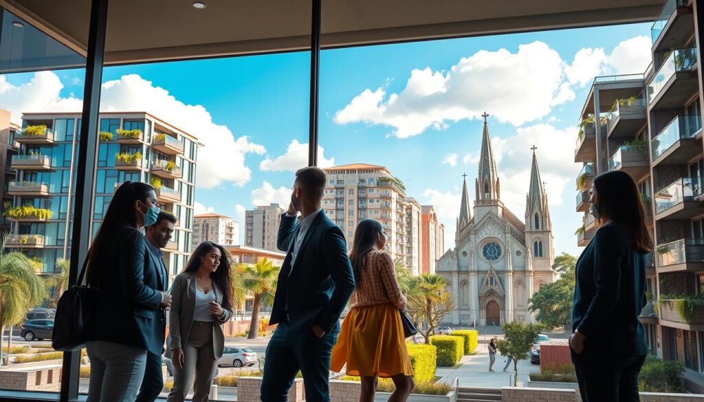 A vibrant and modern urban scene depicting the cityscape of Maringá, focusing on contemporary residential buildings and apartments. In the foreground, showcase a diverse group of young professionals in smart casual attire, engaged in lively conversation while viewing an apartment model in a real estate office. In the mid-ground, capture sleek, modern apartment complexes with large windows and balconies adorned with greenery. The background should feature the iconic Maringá Cathedral, silhouetted against a bright blue sky with fluffy white clouds. Utilize warm, natural lighting to evoke a welcoming atmosphere, and a slightly elevated angle to give a broader perspective of the dynamic city life. The image should convey a sense of opportunity and excitement in the current real estate market. A vibrant and modern urban scene depicting the cityscape of Maringá, focusing on contemporary residential buildings and apartments. In the foreground, showcase a diverse group of young professionals in smart casual attire, engaged in lively conversation while viewing an apartment model in a real estate office. In the mid-ground, capture sleek, modern apartment complexes with large windows and balconies adorned with greenery. The background should feature the iconic Maringá Cathedral, silhouetted against a bright blue sky with fluffy white clouds. Utilize warm, natural lighting to evoke a welcoming atmosphere, and a slightly elevated angle to give a broader perspective of the dynamic city life. The image should convey a sense of opportunity and excitement in the current real estate market.