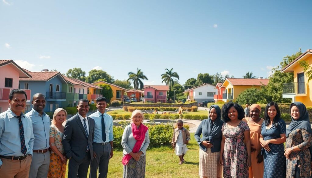 A vibrant and welcoming neighborhood scene that encapsulates the essence of the "Minha Casa Minha Vida" housing program. In the foreground, show a diverse group of smiling families, dressed in professional business attire and modest casual clothing, engaging in a community gathering. In the middle ground, depict neatly arranged, colorful homes, each showcasing different architectural styles under bright blue skies. The background features lush greenery and children playing in a park, conveying a sense of community and joy. Use soft, natural lighting to create a warm atmosphere, highlighting the happiness and unity among the residents. Capture this scene with a wide-angle lens, emphasizing the vibrant colors and the lively interaction between community members. A vibrant and welcoming neighborhood scene that encapsulates the essence of the "Minha Casa Minha Vida" housing program. In the foreground, show a diverse group of smiling families, dressed in professional business attire and modest casual clothing, engaging in a community gathering. In the middle ground, depict neatly arranged, colorful homes, each showcasing different architectural styles under bright blue skies. The background features lush greenery and children playing in a park, conveying a sense of community and joy. Use soft, natural lighting to create a warm atmosphere, highlighting the happiness and unity among the residents. Capture this scene with a wide-angle lens, emphasizing the vibrant colors and the lively interaction between community members.