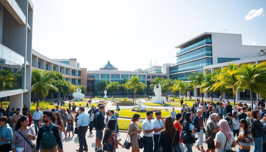 A vibrant, bustling university campus scene showcasing the UniCesumar institution in Maringá, Brazil. In the foreground, diverse students in professional attire and modest casual clothing engage in study groups and lively discussions, surrounded by modern architecture. The middle ground features iconic buildings of the university, with lush green spaces and art installations that reflect a dynamic learning environment. In the background, a clear sky brightens the scene, with soft sunlight casting pleasant shadows on the campus, enhancing the atmosphere of academic inspiration. The overall mood is energetic and inclusive, embodying the spirit of education and community surrounding UniCesumar, inviting the viewer to explore this enriching environment. A vibrant, bustling university campus scene showcasing the UniCesumar institution in Maringá, Brazil. In the foreground, diverse students in professional attire and modest casual clothing engage in study groups and lively discussions, surrounded by modern architecture. The middle ground features iconic buildings of the university, with lush green spaces and art installations that reflect a dynamic learning environment. In the background, a clear sky brightens the scene, with soft sunlight casting pleasant shadows on the campus, enhancing the atmosphere of academic inspiration. The overall mood is energetic and inclusive, embodying the spirit of education and community surrounding UniCesumar, inviting the viewer to explore this enriching environment.