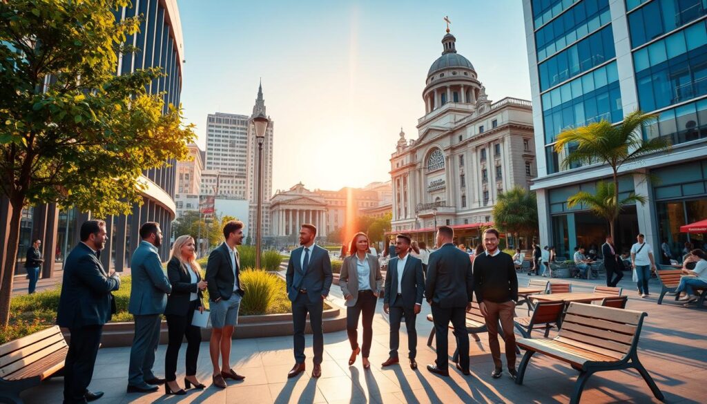 A vibrant city scene showcasing the advantages of living near the Prefeitura in Maringá. In the foreground, depict a diverse group of professional individuals dressed in business attire engaged in friendly conversation outside a modern municipal building, emphasizing community engagement. In the middle ground, feature well-maintained public spaces with lush greenery, contemporary benches, and local cafes bustling with happy patrons, hinting at a lively urban lifestyle. In the background, show the iconic architecture of Maringá, with the sun shining brightly, casting warm golden light onto the scene, suggesting a welcoming atmosphere. Use a wide-angle lens perspective to capture the vibrancy of city life, with colors that evoke positivity and warmth. A vibrant city scene showcasing the advantages of living near the Prefeitura in Maringá. In the foreground, depict a diverse group of professional individuals dressed in business attire engaged in friendly conversation outside a modern municipal building, emphasizing community engagement. In the middle ground, feature well-maintained public spaces with lush greenery, contemporary benches, and local cafes bustling with happy patrons, hinting at a lively urban lifestyle. In the background, show the iconic architecture of Maringá, with the sun shining brightly, casting warm golden light onto the scene, suggesting a welcoming atmosphere. Use a wide-angle lens perspective to capture the vibrancy of city life, with colors that evoke positivity and warmth.