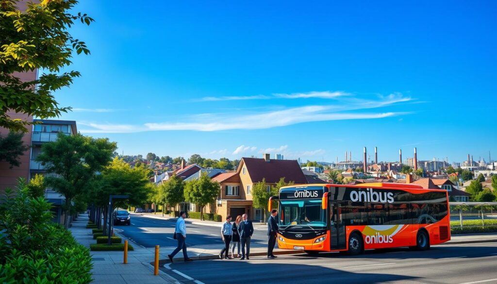 A vibrant city street scene featuring a modern bus, labeled as "ônibus," in the foreground, showcasing its sleek design and bright colors. The bus is parked at a bus stop lined with lush greenery and well-maintained sidewalks. In the middle ground, various residential buildings can be seen, reflecting a mix of contemporary architecture and cozy suburban homes. A few people in professional business attire are waiting nearby, engaged in conversation, contributing to an atmosphere of community and anticipation. The background includes a glimpse of an industrial area with factories in the distance, under a clear blue sky with soft sunlight illuminating the entire scene, creating an inviting and optimistic mood. A vibrant city street scene featuring a modern bus, labeled as "ônibus," in the foreground, showcasing its sleek design and bright colors. The bus is parked at a bus stop lined with lush greenery and well-maintained sidewalks. In the middle ground, various residential buildings can be seen, reflecting a mix of contemporary architecture and cozy suburban homes. A few people in professional business attire are waiting nearby, engaged in conversation, contributing to an atmosphere of community and anticipation. The background includes a glimpse of an industrial area with factories in the distance, under a clear blue sky with soft sunlight illuminating the entire scene, creating an inviting and optimistic mood.