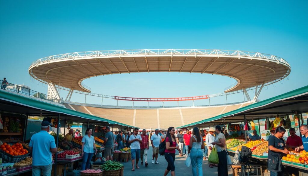 A vibrant farmers market scene set at Estádio Willie Davids in Maringá. In the foreground, a variety of fresh produce stalls display colorful fruits, vegetables, and artisanal goods, with people browsing and interacting. A diverse group of individuals, dressed in casual yet modest clothing, are engaged with friendly vendors. The middle ground features the lively activity of shoppers carrying bags adorned with fresh produce, creating a sense of community and warmth. In the background, the stadium’s distinctive architecture looms under a clear blue sky, casting soft shadows across the market. The lighting is bright and cheerful, evoking a sunny day filled with bustling energy and the inviting atmosphere of fresh food. A vibrant farmers market scene set at Estádio Willie Davids in Maringá. In the foreground, a variety of fresh produce stalls display colorful fruits, vegetables, and artisanal goods, with people browsing and interacting. A diverse group of individuals, dressed in casual yet modest clothing, are engaged with friendly vendors. The middle ground features the lively activity of shoppers carrying bags adorned with fresh produce, creating a sense of community and warmth. In the background, the stadium’s distinctive architecture looms under a clear blue sky, casting soft shadows across the market. The lighting is bright and cheerful, evoking a sunny day filled with bustling energy and the inviting atmosphere of fresh food.