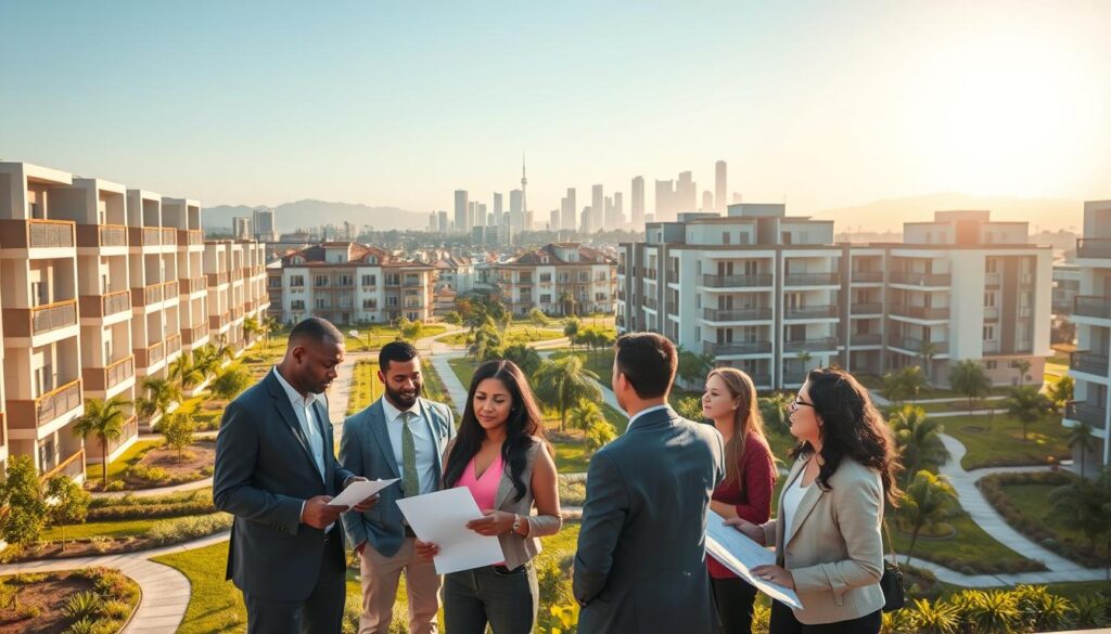 A vibrant housing project in Maringá, Brazil, showcasing modern and affordable residential buildings. In the foreground, a diverse group of people in professional attire—men and women of various ethnicities—are engaged in a discussion, holding documents and blueprints related to housing services. The middle ground features well-designed apartments with balconies, green gardens, and pathways, indicative of a thriving community. In the background, the iconic skyline of Maringá is visible under a clear blue sky, with soft, warm sunlight illuminating the scene. The overall atmosphere is one of optimism and community, reflecting the focus on housing services and documentation. The image should be composed at a slightly elevated angle to capture the vibrancy and scope of the housing project effectively. A vibrant housing project in Maringá, Brazil, showcasing modern and affordable residential buildings. In the foreground, a diverse group of people in professional attire—men and women of various ethnicities—are engaged in a discussion, holding documents and blueprints related to housing services. The middle ground features well-designed apartments with balconies, green gardens, and pathways, indicative of a thriving community. In the background, the iconic skyline of Maringá is visible under a clear blue sky, with soft, warm sunlight illuminating the scene. The overall atmosphere is one of optimism and community, reflecting the focus on housing services and documentation. The image should be composed at a slightly elevated angle to capture the vibrancy and scope of the housing project effectively.