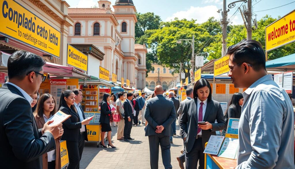 A vibrant marketplace in Maringá showcasing the concept of "Carta de Crédito Contemplada." In the foreground, a diverse group of professionals dressed in business attire, engaged in discussions regarding financial documents, emphasizing trust and collaboration. In the middle ground, colorful stalls display various charts and informational pamphlets about credit letters, with a welcoming atmosphere created by bright banners highlighting financial services. The background features iconic Maringá architecture and lush greenery, symbolizing the city's growth and prosperity. The lighting is warm and sunny, casting soft shadows to create an inviting intent. Shot from an eye-level perspective, capturing the hustle and bustle of transactions and conversations, representing a dynamic and secure financial market. A vibrant marketplace in Maringá showcasing the concept of "Carta de Crédito Contemplada." In the foreground, a diverse group of professionals dressed in business attire, engaged in discussions regarding financial documents, emphasizing trust and collaboration. In the middle ground, colorful stalls display various charts and informational pamphlets about credit letters, with a welcoming atmosphere created by bright banners highlighting financial services. The background features iconic Maringá architecture and lush greenery, symbolizing the city's growth and prosperity. The lighting is warm and sunny, casting soft shadows to create an inviting intent. Shot from an eye-level perspective, capturing the hustle and bustle of transactions and conversations, representing a dynamic and secure financial market.