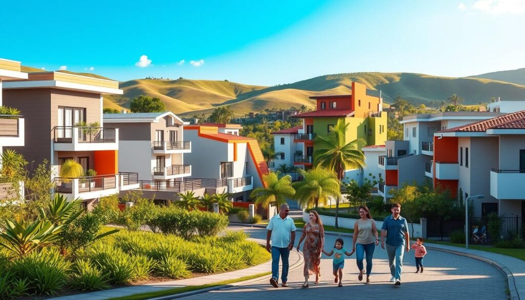 A vibrant, modern conjunto habitacional in Maringá, showcasing a harmonious blend of contemporary houses and apartments set in a lush green environment. In the foreground, depict a family walking together, dressed in modest casual attire, enjoying the community space with children playing nearby. The middle ground features a variety of architectural styles, with colorful facades and balconies adorned with plants, illustrating the diversity of living options. In the background, gently rolling hills and a clear blue sky complete the scene, suggesting a peaceful suburban atmosphere. The lighting is warm and inviting, simulating late afternoon sunlight, while an angle that captures the street and communal areas enhances a welcoming mood of community and comfort. A vibrant, modern conjunto habitacional in Maringá, showcasing a harmonious blend of contemporary houses and apartments set in a lush green environment. In the foreground, depict a family walking together, dressed in modest casual attire, enjoying the community space with children playing nearby. The middle ground features a variety of architectural styles, with colorful facades and balconies adorned with plants, illustrating the diversity of living options. In the background, gently rolling hills and a clear blue sky complete the scene, suggesting a peaceful suburban atmosphere. The lighting is warm and inviting, simulating late afternoon sunlight, while an angle that captures the street and communal areas enhances a welcoming mood of community and comfort.