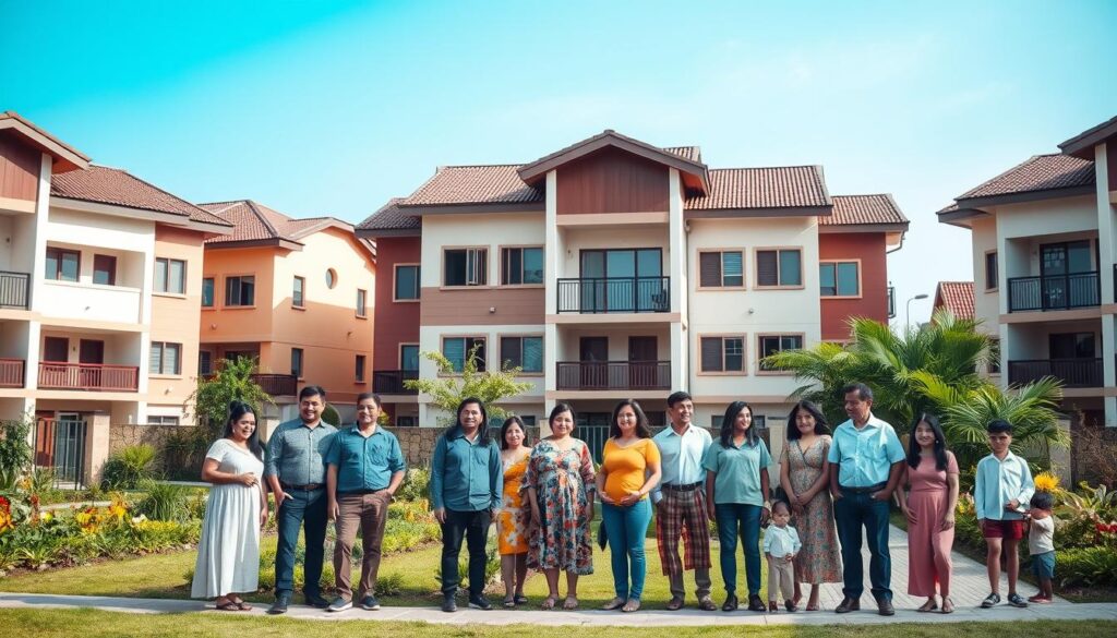A vibrant, modern housing complex representing the "Minha Casa Minha Vida" program, showcasing several well-kept residential buildings with a mix of architectural styles. In the foreground, depict a diverse group of families standing proudly in front of their homes, dressed in modest casual clothing, smiling and engaged in conversation. The middle ground features landscaped gardens with greenery and children playing. In the background, a clear blue sky enhances the sense of community and optimism. Use soft, natural lighting to create an inviting atmosphere, with a slightly elevated angle to capture the entire scene effectively. The overall mood should be hopeful and joyful, reflecting the theme of affordable housing and community. A vibrant, modern housing complex representing the "Minha Casa Minha Vida" program, showcasing several well-kept residential buildings with a mix of architectural styles. In the foreground, depict a diverse group of families standing proudly in front of their homes, dressed in modest casual clothing, smiling and engaged in conversation. The middle ground features landscaped gardens with greenery and children playing. In the background, a clear blue sky enhances the sense of community and optimism. Use soft, natural lighting to create an inviting atmosphere, with a slightly elevated angle to capture the entire scene effectively. The overall mood should be hopeful and joyful, reflecting the theme of affordable housing and community.