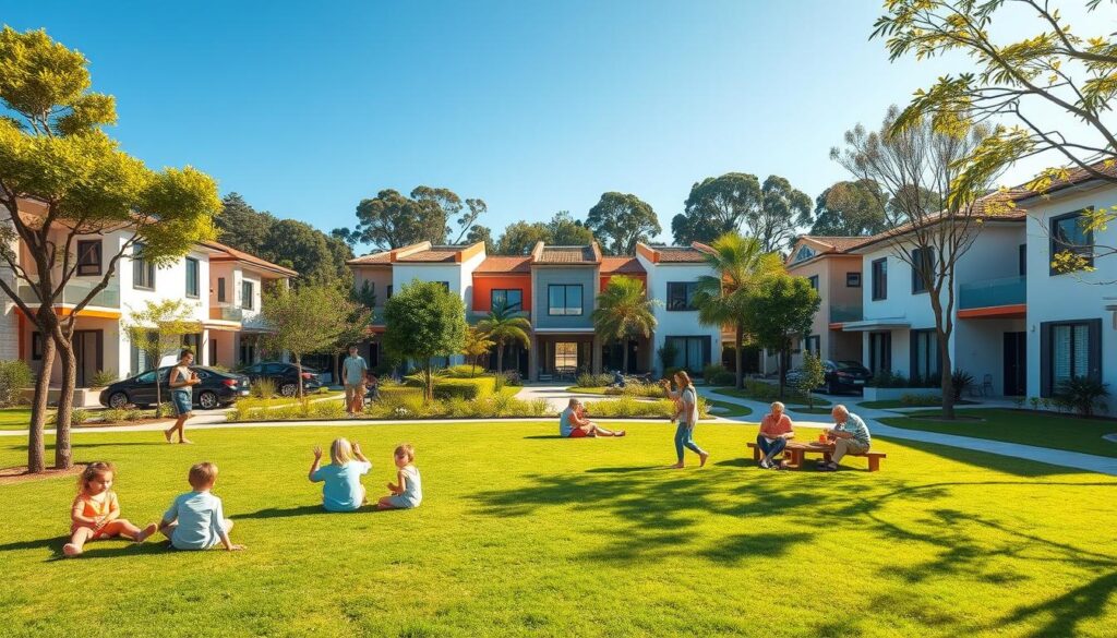 A vibrant neighborhood scene showcasing the attractive surroundings of Colégio Marista, emphasizing family-friendly aspects. In the foreground, a well-maintained park with children playing and families enjoying a picnic on green grass. The middle ground features modern, stylish homes with manicured gardens and cheerful colors, reflecting a welcoming atmosphere. In the background, the recognizable facade of Colégio Marista is visible, surrounded by lush trees and clear blue skies. The lighting is warm and inviting, suggesting a sunny afternoon. Use a wide-angle lens to capture the full scope of the area, enhancing the sense of community and appeal for families. The mood is joyful, depicting a lively yet serene environment ideal for family life. A vibrant neighborhood scene showcasing the attractive surroundings of Colégio Marista, emphasizing family-friendly aspects. In the foreground, a well-maintained park with children playing and families enjoying a picnic on green grass. The middle ground features modern, stylish homes with manicured gardens and cheerful colors, reflecting a welcoming atmosphere. In the background, the recognizable facade of Colégio Marista is visible, surrounded by lush trees and clear blue skies. The lighting is warm and inviting, suggesting a sunny afternoon. Use a wide-angle lens to capture the full scope of the area, enhancing the sense of community and appeal for families. The mood is joyful, depicting a lively yet serene environment ideal for family life.