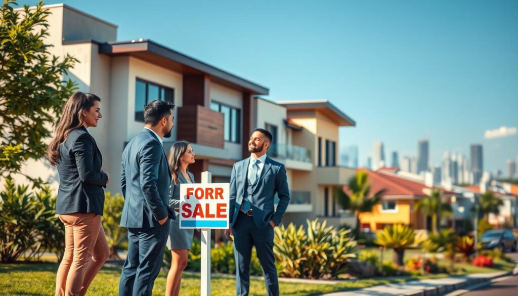 A vibrant real estate scene in Paraná showcasing a modern urban neighborhood. In the foreground, a diverse group of young, single individuals dressed in professional business attire discuss housing options by a "For Sale" sign in front of an appealing house. The middle ground features charming residences with contemporary architecture, each uniquely styled, surrounded by greenery. In the background, a clear blue sky complements the city skyline, with hints of iconic Paraná landscapes. Warm, natural lighting casts soft shadows, creating a welcoming atmosphere. The focus is sharp, emphasizing the excitement and challenges of homeownership for young professionals. The overall mood is optimistic and aspirational, inviting viewers to envision their future in the real estate market. A vibrant real estate scene in Paraná showcasing a modern urban neighborhood. In the foreground, a diverse group of young, single individuals dressed in professional business attire discuss housing options by a "For Sale" sign in front of an appealing house. The middle ground features charming residences with contemporary architecture, each uniquely styled, surrounded by greenery. In the background, a clear blue sky complements the city skyline, with hints of iconic Paraná landscapes. Warm, natural lighting casts soft shadows, creating a welcoming atmosphere. The focus is sharp, emphasizing the excitement and challenges of homeownership for young professionals. The overall mood is optimistic and aspirational, inviting viewers to envision their future in the real estate market.