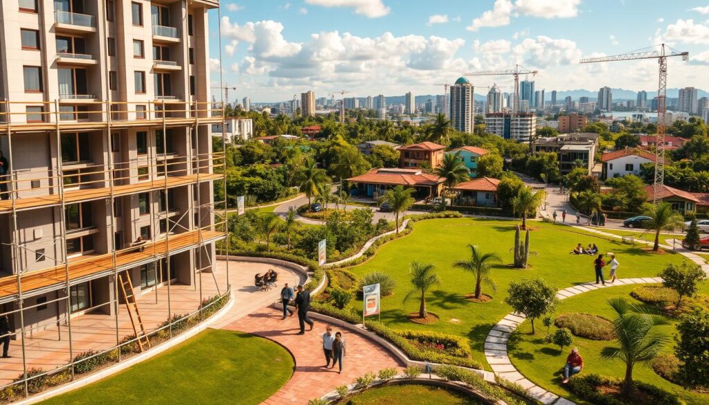 A vibrant real estate scene showcasing new residential developments in Maringá. In the foreground, display a modern, sleek apartment building under construction, with scaffolding and workers in professional attire. The middle ground features a lush green park with families enjoying the outdoors, landscaped gardens, and pathways, indicative of a community atmosphere. In the background, highlight a skyline with various contemporary buildings and blue skies. Use warm, inviting lighting to convey a sense of optimism about the new housing opportunities. Capture the scene from a slightly elevated angle to give depth and context, emphasizing the growth and potential of Maringá’s neighborhoods. A vibrant real estate scene showcasing new residential developments in Maringá. In the foreground, display a modern, sleek apartment building under construction, with scaffolding and workers in professional attire. The middle ground features a lush green park with families enjoying the outdoors, landscaped gardens, and pathways, indicative of a community atmosphere. In the background, highlight a skyline with various contemporary buildings and blue skies. Use warm, inviting lighting to convey a sense of optimism about the new housing opportunities. Capture the scene from a slightly elevated angle to give depth and context, emphasizing the growth and potential of Maringá’s neighborhoods.