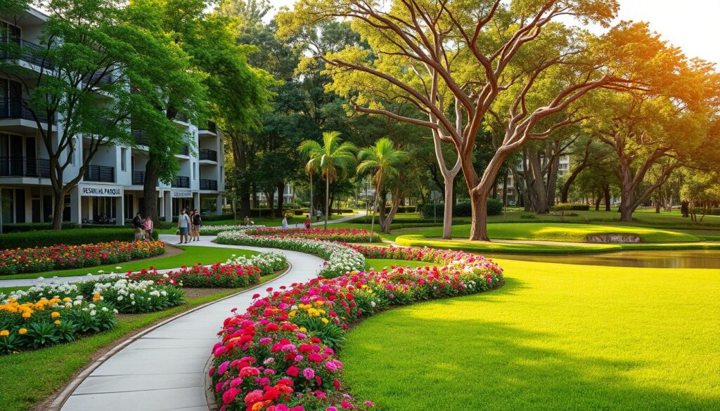 A vibrant residential park scene featuring "Residencial Parque," nestled in a lush, green landscape characteristic of Maringá. In the foreground, a well-maintained pathway winds through colorful flower beds, inviting families and individuals enjoying leisure time. The middle ground showcases modern residential buildings with balconies and large windows, reflecting a blend of contemporary architecture and natural surroundings. In the background, the lush foliage of Parque do Japão adds depth, with tall trees and serene ponds that symbolize tranquility. Soft, warm sunlight filters through the trees, creating gentle shadows on the ground. The atmosphere is lively yet peaceful, capturing the essence of a thriving community benefiting from the proximity to nature. Use a shallow depth of field to focus on the vibrant blooms in the foreground while keeping the residential area and park in soft focus. A vibrant residential park scene featuring "Residencial Parque," nestled in a lush, green landscape characteristic of Maringá. In the foreground, a well-maintained pathway winds through colorful flower beds, inviting families and individuals enjoying leisure time. The middle ground showcases modern residential buildings with balconies and large windows, reflecting a blend of contemporary architecture and natural surroundings. In the background, the lush foliage of Parque do Japão adds depth, with tall trees and serene ponds that symbolize tranquility. Soft, warm sunlight filters through the trees, creating gentle shadows on the ground. The atmosphere is lively yet peaceful, capturing the essence of a thriving community benefiting from the proximity to nature. Use a shallow depth of field to focus on the vibrant blooms in the foreground while keeping the residential area and park in soft focus.