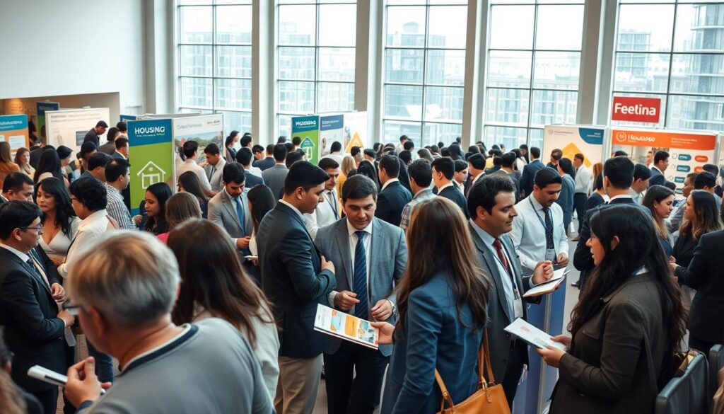 A vibrant scene capturing the essence of "Feirão Caixa Paraná 2026," set in a spacious indoor venue bustling with activity. In the foreground, a diverse group of people, including families and young professionals, are engaged in discussions with representatives from housing organizations, all dressed in professional business attire. In the middle, booths display colorful banners showcasing housing options and brochures, while excited attendees explore the offerings. The background features large windows letting in soft, natural light, creating an inviting atmosphere. The composition includes elements of modern architecture, with bright lighting illuminating the venue, emphasizing a sense of hope and community. A warm, welcoming mood pervades the image, reflecting the optimism of future housing opportunities. A vibrant scene capturing the essence of "Feirão Caixa Paraná 2026," set in a spacious indoor venue bustling with activity. In the foreground, a diverse group of people, including families and young professionals, are engaged in discussions with representatives from housing organizations, all dressed in professional business attire. In the middle, booths display colorful banners showcasing housing options and brochures, while excited attendees explore the offerings. The background features large windows letting in soft, natural light, creating an inviting atmosphere. The composition includes elements of modern architecture, with bright lighting illuminating the venue, emphasizing a sense of hope and community. A warm, welcoming mood pervades the image, reflecting the optimism of future housing opportunities.