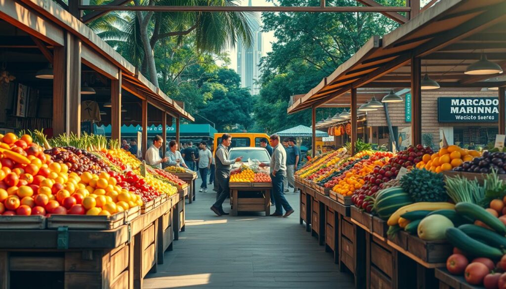 A vibrant scene depicting Mercadão Maringá, a bustling market known for its rich gastronomic offerings. In the foreground, a variety of colorful fruits and vegetables are artfully arranged on rustic wooden stalls, tempting passersby. The middle ground features friendly vendors in casual, professional clothing engaging with customers, highlighting the market's community spirit. In the background, tall buildings and lush greenery frame the market, creating a lively urban ambiance. Soft, warm lighting filters through, casting gentle shadows that enhance the inviting atmosphere. Capture the scene in a slightly elevated angle to showcase the market's layout and the energy of local life, evoking a sense of belonging and culinary delight. A vibrant scene depicting Mercadão Maringá, a bustling market known for its rich gastronomic offerings. In the foreground, a variety of colorful fruits and vegetables are artfully arranged on rustic wooden stalls, tempting passersby. The middle ground features friendly vendors in casual, professional clothing engaging with customers, highlighting the market's community spirit. In the background, tall buildings and lush greenery frame the market, creating a lively urban ambiance. Soft, warm lighting filters through, casting gentle shadows that enhance the inviting atmosphere. Capture the scene in a slightly elevated angle to showcase the market's layout and the energy of local life, evoking a sense of belonging and culinary delight.