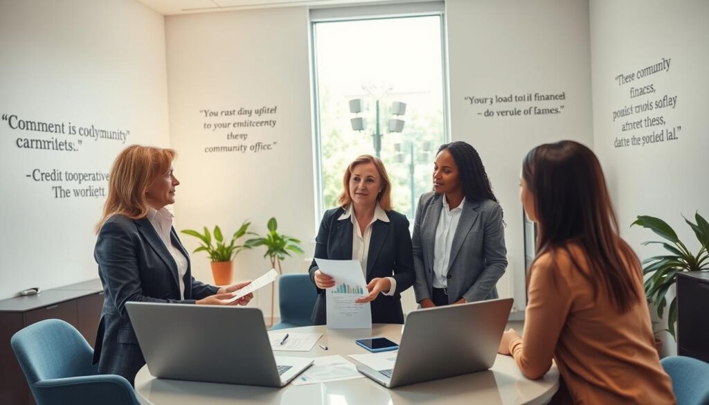 A vibrant scene depicting a credit cooperative office interior, showcasing a diverse group of professionals engaged in a collaborative discussion. In the foreground, a middle-aged woman in business attire is explaining financial concepts to two attentive colleagues. The centerpiece of the room features a round table with financial documents, charts, and a laptop open, reflecting teamwork. In the middle background, a large window allows soft, natural light to illuminate the space, enhancing the atmosphere of openness and trust. The walls are adorned with inspirational quotes about community and finance. The overall mood is positive and productive, suggesting a focus on collaboration and support in financial decision-making. A vibrant scene depicting a credit cooperative office interior, showcasing a diverse group of professionals engaged in a collaborative discussion. In the foreground, a middle-aged woman in business attire is explaining financial concepts to two attentive colleagues. The centerpiece of the room features a round table with financial documents, charts, and a laptop open, reflecting teamwork. In the middle background, a large window allows soft, natural light to illuminate the space, enhancing the atmosphere of openness and trust. The walls are adorned with inspirational quotes about community and finance. The overall mood is positive and productive, suggesting a focus on collaboration and support in financial decision-making.