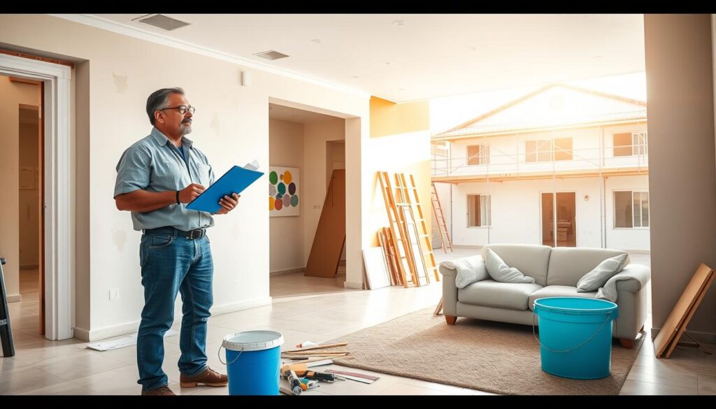 A vibrant scene depicting a home renovation under the "Minha Casa Minha Vida" program. In the foreground, a professional contractor in modest casual clothing inspects a house with a clipboard, standing next to a bright blue paint bucket and renovation tools. The middle layer features a partially renovated living room, showcasing fresh drywall, new flooring, and colorful paint samples on the wall. In the background, a sunny exterior view reveals the house’s facade with scaffolding, highlighting construction work in progress. The atmosphere is optimistic and transformative, with soft natural lighting suggesting a mid-morning setting that adds warmth and hope to the renovation process. A vibrant scene depicting a home renovation under the "Minha Casa Minha Vida" program. In the foreground, a professional contractor in modest casual clothing inspects a house with a clipboard, standing next to a bright blue paint bucket and renovation tools. The middle layer features a partially renovated living room, showcasing fresh drywall, new flooring, and colorful paint samples on the wall. In the background, a sunny exterior view reveals the house’s facade with scaffolding, highlighting construction work in progress. The atmosphere is optimistic and transformative, with soft natural lighting suggesting a mid-morning setting that adds warmth and hope to the renovation process.