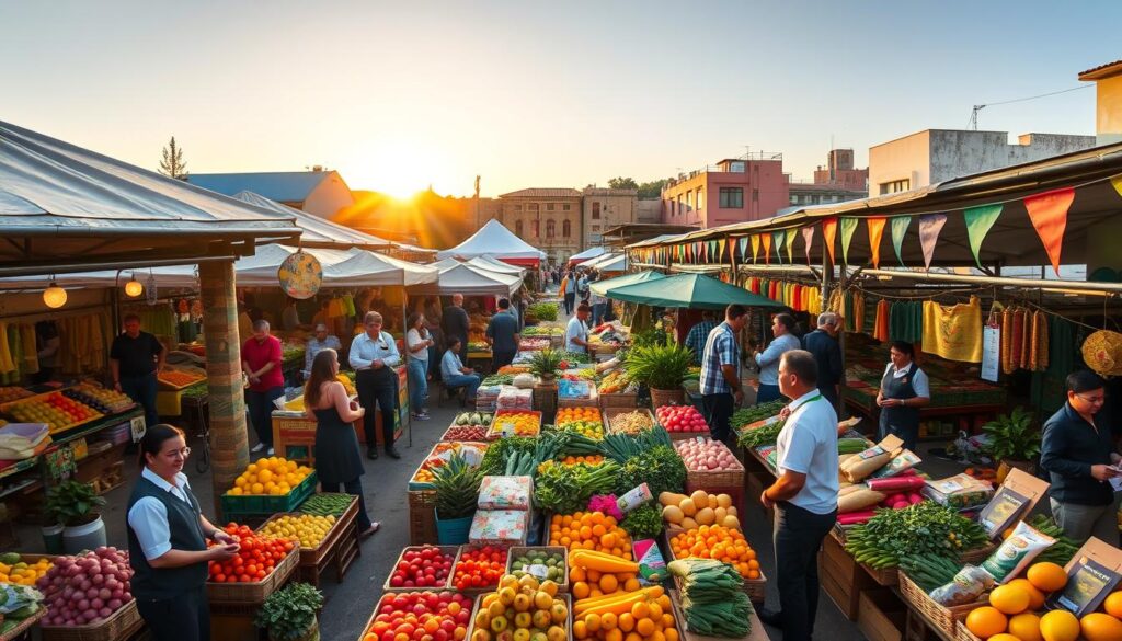 A vibrant scene of "Feira do Produtor" in Maringá, showcasing a bustling outdoor market filled with colorful stalls brimming with fresh fruits, vegetables, and local artisanal products. In the foreground, vendors arranged neatly in professional attire offer their produce, while cheerful shoppers examine the goods, creating a lively atmosphere. The middle ground features a variety of market tents decorated with bright banners, surrounded by lush green plants and flowers. The background presents the sun setting, casting warm golden light that enhances the inviting ambiance, with glimpses of local architecture peeking through. Capture this vibrant market day mood using a wide-angle lens to emphasize the energetic community spirit, highlighting the freshness and richness of local produce. A vibrant scene of "Feira do Produtor" in Maringá, showcasing a bustling outdoor market filled with colorful stalls brimming with fresh fruits, vegetables, and local artisanal products. In the foreground, vendors arranged neatly in professional attire offer their produce, while cheerful shoppers examine the goods, creating a lively atmosphere. The middle ground features a variety of market tents decorated with bright banners, surrounded by lush green plants and flowers. The background presents the sun setting, casting warm golden light that enhances the inviting ambiance, with glimpses of local architecture peeking through. Capture this vibrant market day mood using a wide-angle lens to emphasize the energetic community spirit, highlighting the freshness and richness of local produce.