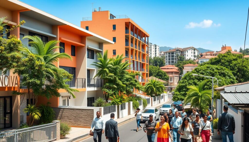 A vibrant scene of Maringá Velho, showcasing a blend of modern and traditional architecture in the foreground, including affordable housing developments reflecting the MCMV program. In the middle ground, depict a bustling street with people in professional business attire and modest casual clothing, engaged in daily activities, symbolizing a community atmosphere. The background should feature lush greenery and typical Brazilian urban architecture, under a clear blue sky. Use natural lighting to create a warm and inviting mood, with a slight depth of field effect to focus on the housing developments. Capture the essence of a thriving neighborhood that supports affordable living in the city center. A vibrant scene of Maringá Velho, showcasing a blend of modern and traditional architecture in the foreground, including affordable housing developments reflecting the MCMV program. In the middle ground, depict a bustling street with people in professional business attire and modest casual clothing, engaged in daily activities, symbolizing a community atmosphere. The background should feature lush greenery and typical Brazilian urban architecture, under a clear blue sky. Use natural lighting to create a warm and inviting mood, with a slight depth of field effect to focus on the housing developments. Capture the essence of a thriving neighborhood that supports affordable living in the city center.