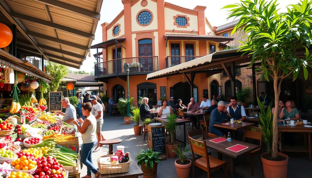 A vibrant scene of the Mercadão in Maringá, Brazil, capturing its lively atmosphere. In the foreground, a bustling market stall displays a colorful array of fresh fruits, vegetables, and local delicacies, with shoppers interacting cheerfully. The middle ground features an inviting café terrace with patrons enjoying gourmet dishes, surrounded by potted plants and rustic wooden tables. In the background, the distinctive architecture of the Mercadão building is visible, becoming a focal point of the scene. Bright natural light filters through, creating a warm and welcoming mood, while a slightly elevated angle highlights the energy of the space. The image conveys the convenience and joy of living near this vibrant epicenter of gastronomy and leisure. A vibrant scene of the Mercadão in Maringá, Brazil, capturing its lively atmosphere. In the foreground, a bustling market stall displays a colorful array of fresh fruits, vegetables, and local delicacies, with shoppers interacting cheerfully. The middle ground features an inviting café terrace with patrons enjoying gourmet dishes, surrounded by potted plants and rustic wooden tables. In the background, the distinctive architecture of the Mercadão building is visible, becoming a focal point of the scene. Bright natural light filters through, creating a warm and welcoming mood, while a slightly elevated angle highlights the energy of the space. The image conveys the convenience and joy of living near this vibrant epicenter of gastronomy and leisure.