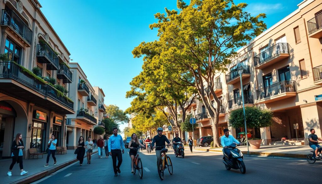A vibrant street scene depicting Avenida Abílio Augusto Távora in Jardim Alvorada, Nova Iguaçu. The foreground showcases modern buildings with intricate architectural details, featuring storefronts and residential apartments with balconies adorned with greenery. In the middle, pedestrians of diverse backgrounds dressed in professional and casual attire are engaging in daily activities, while bicycles and small vehicles navigate the street. The background reveals lush trees lining the avenue, with clear blue skies above casting warm sunlight, creating a welcoming atmosphere. The scene is captured with a wide-angle lens to emphasize depth, highlighting the community vibe and charm of this urban neighborhood. Soft shadows add dimension and warmth to the image, evoking a sense of daily life and community spirit. The mood is optimistic and inviting, representing a bustling urban area. A vibrant street scene depicting Avenida Abílio Augusto Távora in Jardim Alvorada, Nova Iguaçu. The foreground showcases modern buildings with intricate architectural details, featuring storefronts and residential apartments with balconies adorned with greenery. In the middle, pedestrians of diverse backgrounds dressed in professional and casual attire are engaging in daily activities, while bicycles and small vehicles navigate the street. The background reveals lush trees lining the avenue, with clear blue skies above casting warm sunlight, creating a welcoming atmosphere. The scene is captured with a wide-angle lens to emphasize depth, highlighting the community vibe and charm of this urban neighborhood. Soft shadows add dimension and warmth to the image, evoking a sense of daily life and community spirit. The mood is optimistic and inviting, representing a bustling urban area.