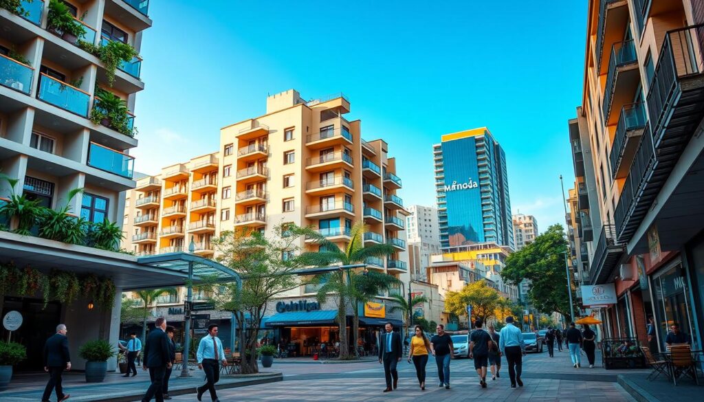 A vibrant street scene in the heart of Maringá, showcasing modern residential buildings and apartments in the city center. In the foreground, a well-maintained, multi-story apartment complex with large balconies and green plants adorning the entrance. In the middle ground, pedestrians in professional business attire walk along a bustling sidewalk, engaging with local shops and cafes that add life to the scene. The background features a mix of contemporary architecture and traditional buildings, bathed in warm, late afternoon sunlight casting soft shadows. The overall atmosphere is lively and inviting, reflecting a sense of community and urban life in Maringá's downtown. The image should be captured from a slight angle to enhance depth, with a focus on clarity and vibrant colors. A vibrant street scene in the heart of Maringá, showcasing modern residential buildings and apartments in the city center. In the foreground, a well-maintained, multi-story apartment complex with large balconies and green plants adorning the entrance. In the middle ground, pedestrians in professional business attire walk along a bustling sidewalk, engaging with local shops and cafes that add life to the scene. The background features a mix of contemporary architecture and traditional buildings, bathed in warm, late afternoon sunlight casting soft shadows. The overall atmosphere is lively and inviting, reflecting a sense of community and urban life in Maringá's downtown. The image should be captured from a slight angle to enhance depth, with a focus on clarity and vibrant colors.