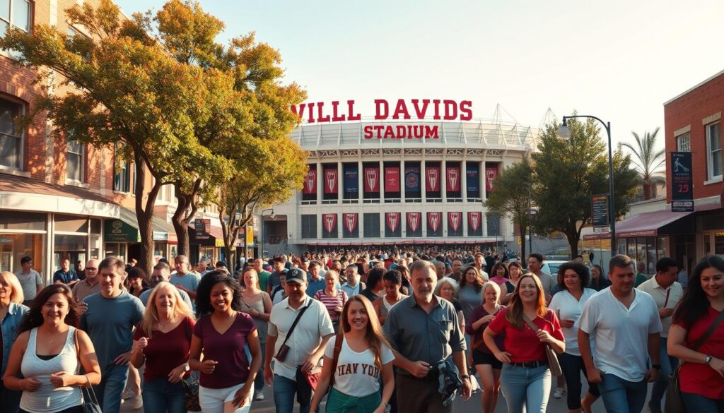 A vibrant street scene near the Willie Davids Stadium during a game day, capturing the juxtaposition of a lively neighborhood and the stadium’s impressive architecture. In the foreground, a diverse group of residents and fans, dressed in casual clothing, walk animatedly towards the stadium, showcasing a mix of excitement and anticipation. The middle ground features the stadium, with its iconic façade and colorful banners, set against a backdrop of local shops and trees lining the street. The atmosphere is energetic and festive, with warm golden hour lighting casting soft shadows, enhancing the sense of community. Capture the image with a wide-angle lens to give a dynamic perspective, immersing viewers in the lively environment surrounding the game day activity. A vibrant street scene near the Willie Davids Stadium during a game day, capturing the juxtaposition of a lively neighborhood and the stadium’s impressive architecture. In the foreground, a diverse group of residents and fans, dressed in casual clothing, walk animatedly towards the stadium, showcasing a mix of excitement and anticipation. The middle ground features the stadium, with its iconic façade and colorful banners, set against a backdrop of local shops and trees lining the street. The atmosphere is energetic and festive, with warm golden hour lighting casting soft shadows, enhancing the sense of community. Capture the image with a wide-angle lens to give a dynamic perspective, immersing viewers in the lively environment surrounding the game day activity.