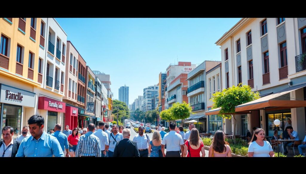A vibrant street scene of Rua Santos Dumont in Maringá, Brazil, bustling with life. In the foreground, diverse groups of people in smart casual attire stroll along the sidewalk, some engaging in conversation, while others sip coffee at outdoor cafes. The middle of the scene showcases the dynamic street, with modern buildings lining both sides, colorful storefronts, and well-maintained greenery, reflecting the vibrancy of urban life. In the background, a clear blue sky highlights the architecture, capturing the essence of this central location. The lighting is bright and inviting, suggesting mid-afternoon, with soft shadows adding depth. The angle is slightly elevated, providing a panoramic view that emphasizes the street's importance in the city, evoking a lively and welcoming atmosphere. A vibrant street scene of Rua Santos Dumont in Maringá, Brazil, bustling with life. In the foreground, diverse groups of people in smart casual attire stroll along the sidewalk, some engaging in conversation, while others sip coffee at outdoor cafes. The middle of the scene showcases the dynamic street, with modern buildings lining both sides, colorful storefronts, and well-maintained greenery, reflecting the vibrancy of urban life. In the background, a clear blue sky highlights the architecture, capturing the essence of this central location. The lighting is bright and inviting, suggesting mid-afternoon, with soft shadows adding depth. The angle is slightly elevated, providing a panoramic view that emphasizes the street's importance in the city, evoking a lively and welcoming atmosphere.