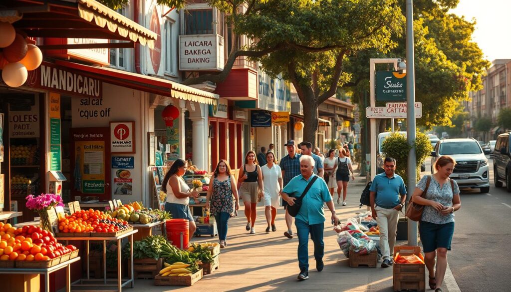 A vibrant street scene on Avenida Mandacaru, showcasing a bustling neighborhood market. In the foreground, local vendors display colorful fruits and vegetables, with customers engaging in lively conversations while shopping. To the left, a small café with outdoor seating attracts visitors, its tables adorned with fresh flowers. In the middle ground, families stroll along the sidewalk, complementing the atmosphere with a sense of community. The background features charming storefronts promoting diverse services such as hair salons, bakeries, and convenience stores, all painted in warm, inviting colors. The scene is bathed in the soft golden light of late afternoon, casting long shadows and enhancing the welcoming ambiance. The overall mood is cheerful and energetic, reflecting the importance of strong local commerce in enriching the daily life of residents in Zona Norte. A vibrant street scene on Avenida Mandacaru, showcasing a bustling neighborhood market. In the foreground, local vendors display colorful fruits and vegetables, with customers engaging in lively conversations while shopping. To the left, a small café with outdoor seating attracts visitors, its tables adorned with fresh flowers. In the middle ground, families stroll along the sidewalk, complementing the atmosphere with a sense of community. The background features charming storefronts promoting diverse services such as hair salons, bakeries, and convenience stores, all painted in warm, inviting colors. The scene is bathed in the soft golden light of late afternoon, casting long shadows and enhancing the welcoming ambiance. The overall mood is cheerful and energetic, reflecting the importance of strong local commerce in enriching the daily life of residents in Zona Norte.