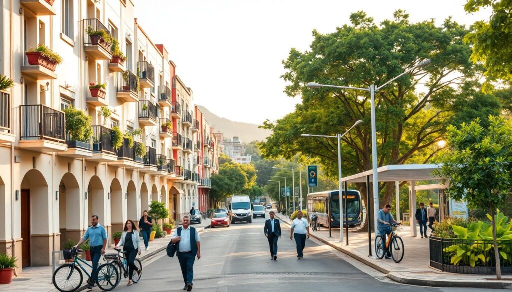 A vibrant urban landscape showcasing Jardim Monte Rey in Sarandi, Brazil, with a strategic focus on its central location. In the foreground, depict well-maintained residential buildings with inviting balconies adorned with plants, conveying a sense of community. In the middle ground, illustrate a bustling street with pedestrians in professional attire walking by, as well as bicycles parked along the sidewalk, hinting at sustainability and accessibility. In the background, include lush green parks and a nearby public transport station, highlighting accessibility and connectivity. The scene is bathed in warm, golden sunlight, creating a welcoming atmosphere, with a shallow depth of field to emphasize the location. Capture this as a wide-angle shot for a dynamic view that showcases the essence of the area, without text or overlays. A vibrant urban landscape showcasing Jardim Monte Rey in Sarandi, Brazil, with a strategic focus on its central location. In the foreground, depict well-maintained residential buildings with inviting balconies adorned with plants, conveying a sense of community. In the middle ground, illustrate a bustling street with pedestrians in professional attire walking by, as well as bicycles parked along the sidewalk, hinting at sustainability and accessibility. In the background, include lush green parks and a nearby public transport station, highlighting accessibility and connectivity. The scene is bathed in warm, golden sunlight, creating a welcoming atmosphere, with a shallow depth of field to emphasize the location. Capture this as a wide-angle shot for a dynamic view that showcases the essence of the area, without text or overlays.