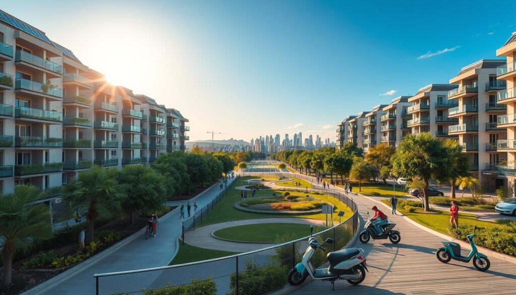 A vibrant urban scene depicting "Jardim Espanha," featuring modern residential condominiums in the foreground, showcasing contemporary architecture with green balconies and solar panels. In the middle ground, a well-maintained park with walking paths and locals engaging in leisure activities reflects community life. The background includes a skyline of the surrounding region under a clear blue sky with soft, golden sunlight illuminating the scene. Capture dynamic urban mobility with bicycles and electric scooters parked along the pathways. Use a wide-angle lens to enhance depth and perspective, creating an inviting atmosphere of growth and connectivity. Aim for a cheerful, optimistic mood, depicting a thriving neighborhood conducive to urban living. A vibrant urban scene depicting "Jardim Espanha," featuring modern residential condominiums in the foreground, showcasing contemporary architecture with green balconies and solar panels. In the middle ground, a well-maintained park with walking paths and locals engaging in leisure activities reflects community life. The background includes a skyline of the surrounding region under a clear blue sky with soft, golden sunlight illuminating the scene. Capture dynamic urban mobility with bicycles and electric scooters parked along the pathways. Use a wide-angle lens to enhance depth and perspective, creating an inviting atmosphere of growth and connectivity. Aim for a cheerful, optimistic mood, depicting a thriving neighborhood conducive to urban living.