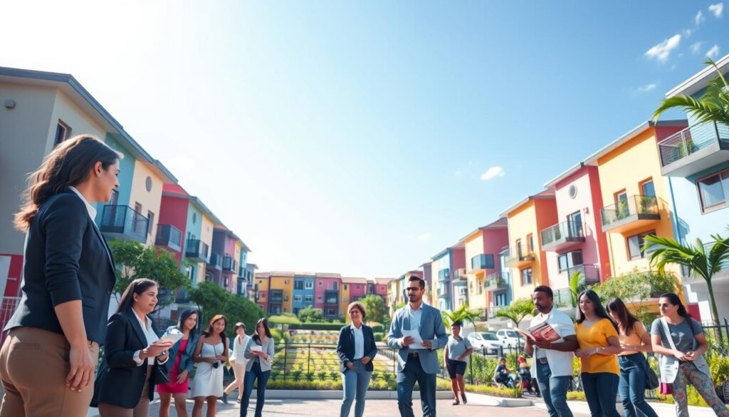 A vibrant urban scene depicting a housing development under the "Minha Casa, Minha Vida" program. In the foreground, a diverse group of people in professional business attire and modest casual clothing, including families and individuals, discuss plans and examine housing brochures. In the middle ground, newly constructed affordable homes with colorful facades and green spaces, symbolizing community. The background features a clear blue sky with soft sunlight illuminating the scene, creating a warm and hopeful atmosphere. Use a wide-angle lens perspective to capture the scope of the neighborhood, ensuring a bright and welcoming mood that reflects the program's impact on homeowners. A vibrant urban scene depicting a housing development under the "Minha Casa, Minha Vida" program. In the foreground, a diverse group of people in professional business attire and modest casual clothing, including families and individuals, discuss plans and examine housing brochures. In the middle ground, newly constructed affordable homes with colorful facades and green spaces, symbolizing community. The background features a clear blue sky with soft sunlight illuminating the scene, creating a warm and hopeful atmosphere. Use a wide-angle lens perspective to capture the scope of the neighborhood, ensuring a bright and welcoming mood that reflects the program's impact on homeowners.